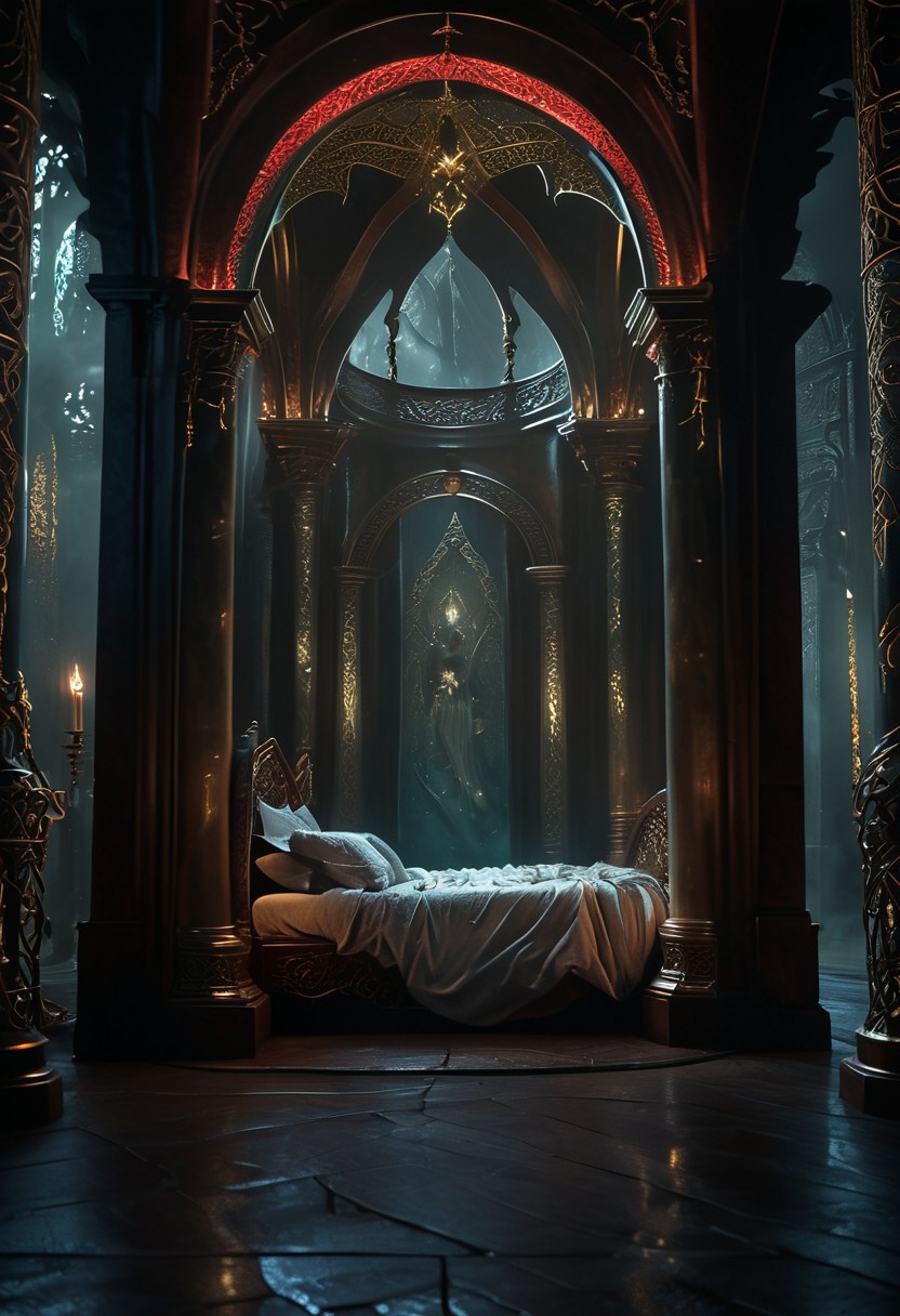 hkmagic detailed wide shot, low angle, wide shot, a celtic princesse of extraordinary beauty Eerie reality, her body covered by celtic runes bioluminescent tatoos glowing with power and magic, lying on a luxury fantasy bed in a room illuminated by candles, her body visible through a transparent golden veil covering the baldaquin bed, the bed culumns are spiraling sculppted dragon made of ivory and dark wood, red hair, naked,, mist, ciaroscuro, 8k cinematic shot,  Intricate, High Detail, Sharp focus, dramatic, colorful details, intricate details,hyper realistic, ultra detailed,  volumetric lighting, 8k post-production, Chiaroscuro Lighting Style, elven architecture