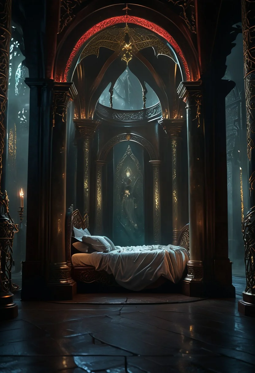 hkmagic detailed wide shot, low angle, wide shot, a celtic princesse of extraordinary beauty Eerie reality, her body covered by celtic runes bioluminescent tatoos glowing with power and magic, lying on a luxury fantasy bed in a room illuminated by candles, her body visible through a transparent golden veil covering the baldaquin bed, the bed culumns are spiraling sculppted dragon made of ivory and dark wood, red hair, naked,, mist, ciaroscuro, 8k cinematic shot, Intricate, High Detail, Sharp focus, dramatic, colorful details, intricate details,hyper realistic, ultra detailed, volumetric lighting, 8k post-production, Chiaroscuro Lighting Style, elven architecture