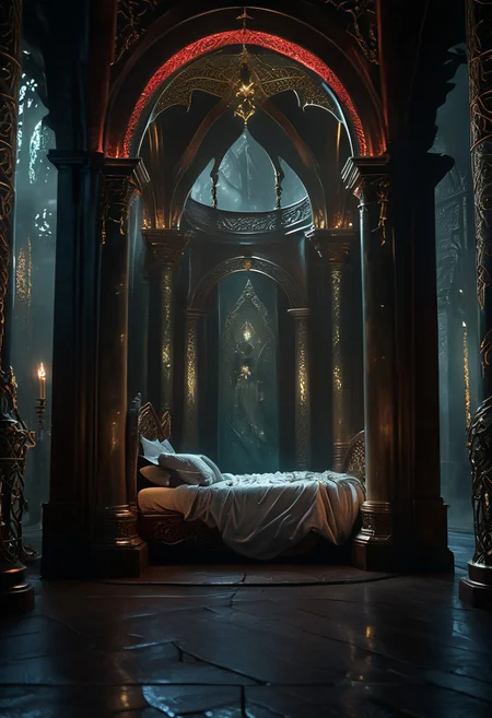 hkmagic detailed wide shot, low angle, wide shot, a celtic princesse of extraordinary beauty Eerie reality, her body covered by celtic runes bioluminescent tatoos glowing with power and magic, lying on a luxury fantasy bed in a room illuminated by candles, her body visible through a transparent golden veil covering the baldaquin bed, the bed culumns are spiraling sculppted dragon made of ivory and dark wood, red hair, naked,, mist, ciaroscuro, 8k cinematic shot, Intricate, High Detail, Sharp focus, dramatic, colorful details, intricate details,hyper realistic, ultra detailed, volumetric lighting, 8k post-production, Chiaroscuro Lighting Style, elven architecture
