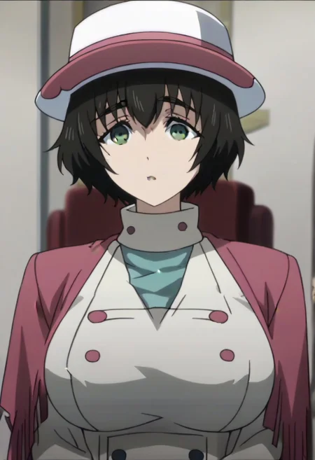 source_anime, official anime artwork, screencap, anime screencap, best quality, <lora:Mayuri_Shiina:1>solo girl, green eyes, thick eyebrows, Mayuri coat, white headwear, ,,,,,,,,,,,,,,,,,anime coloring, anime screencap, 1girl,Solo ,, anime,PUFFY nipple,huge breasts,,,official art, Uncensored ,Unedited ,,,,,,,,,,,,,,