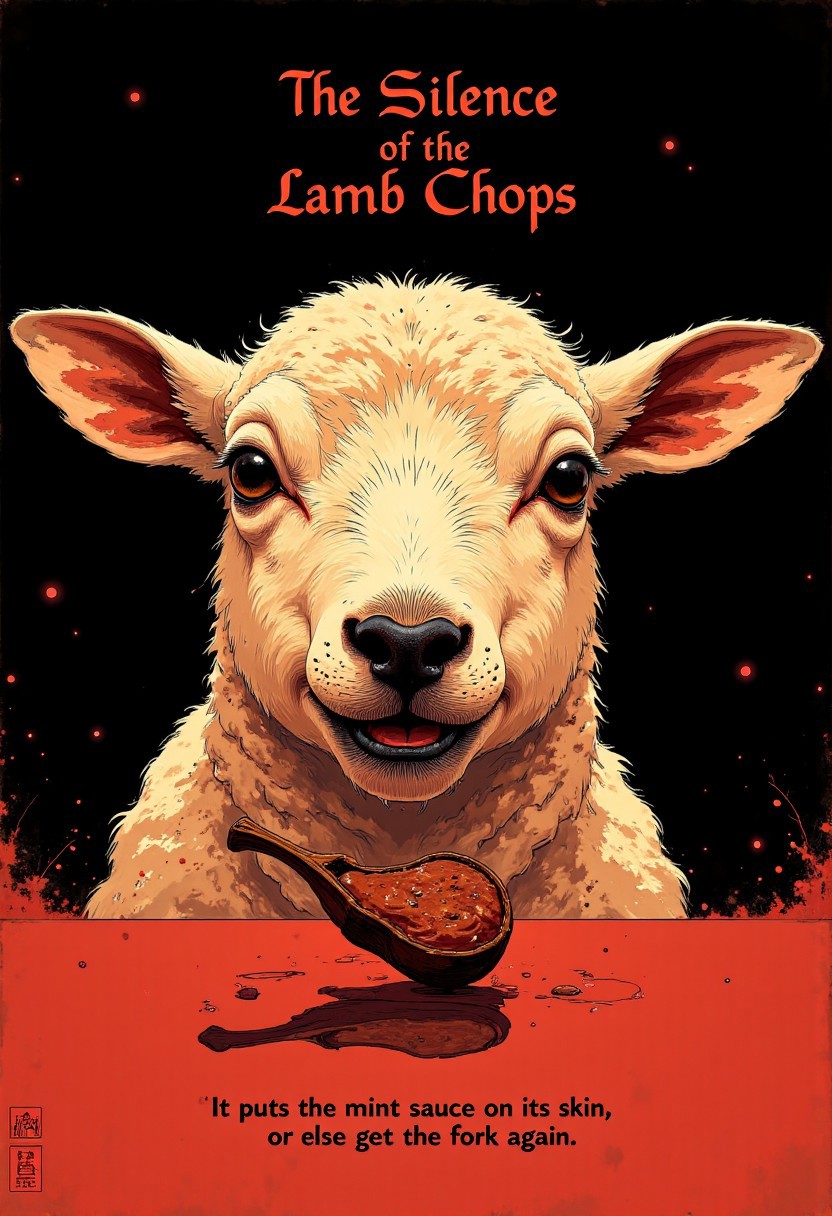 A disturbingly hilarious take on The Silence of the Lambs, blending psychological horror with a bizarre culinary twist.
The poster features a close-up of a fluffy, innocent-looking lamb, its big, round eyes staring directly forward. But instead of the iconic Death's Head moth covering its mouth, a tiny, cooked lamb chop hovers just over its lips, suggesting a deeply unsettling fate.
The deep red and black tones create a feeling of unease and tension, while the title, "The Silence of the Lamb Chops", appears in a refined yet ominous serif font. Below it, the tagline reads: "It puts the mint sauce on its skin, or else it gets the fork again." The composition stays eerily close to the original, making the absurdity even funnier.