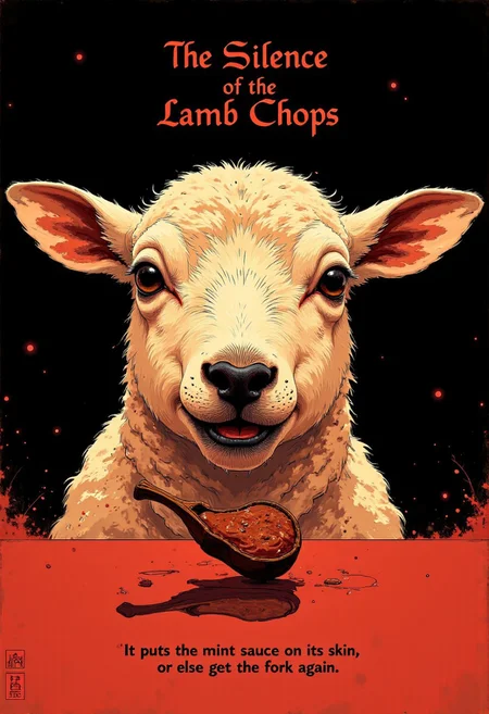 A disturbingly hilarious take on The Silence of the Lambs, blending psychological horror with a bizarre culinary twist.
The poster features a close-up of a fluffy, innocent-looking lamb, its big, round eyes staring directly forward. But instead of the iconic Death's Head moth covering its mouth, a tiny, cooked lamb chop hovers just over its lips, suggesting a deeply unsettling fate.
The deep red and black tones create a feeling of unease and tension, while the title, "The Silence of the Lamb Chops", appears in a refined yet ominous serif font. Below it, the tagline reads: "It puts the mint sauce on its skin, or else it gets the fork again." The composition stays eerily close to the original, making the absurdity even funnier.