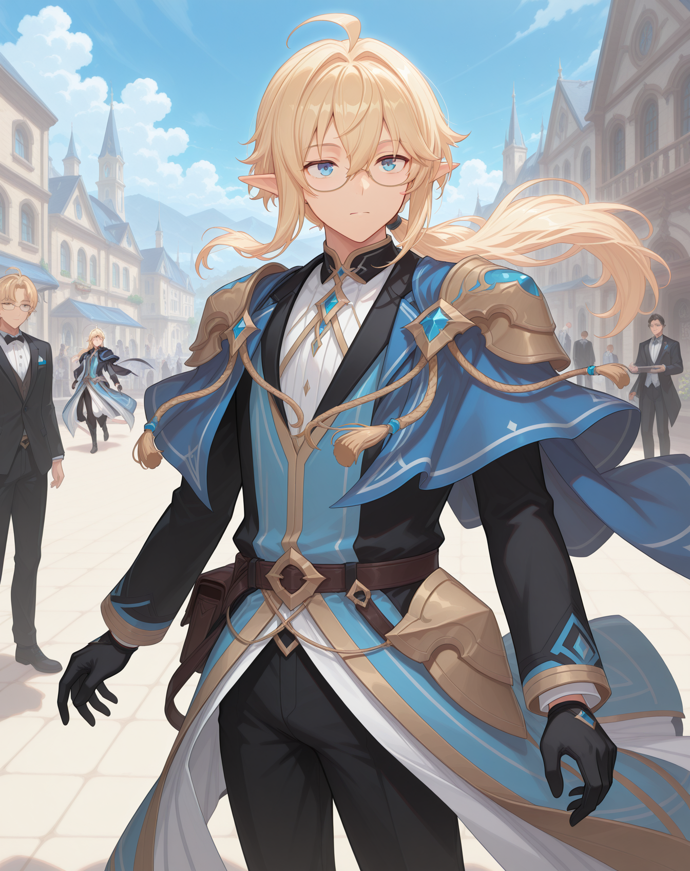 masterpiece,best quality,amazing quality, newest, very aesthetic, absurdres,
1boy, solo, yaoi, male focus, looking at viewer, cowboy shot, standing,
<lora:Grandiel_Likability_ilxl:1> likabilitygrandiel, pointy ears, blonde hair, blue eyes, long hair, glasses, hair between eyes, ahoge, low ponytail, floating hair, elf, sidelocks,
formal, tuxedo, neck ribbon, white shirt, collared shirt, black pants, shoes, black footwear, suit jacket, black jacket,
outdoors, day, blue sky, building, people,