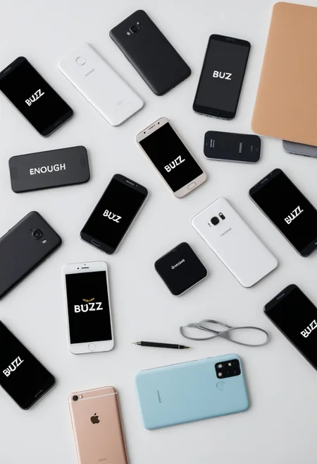 10 smartphones on desk , text "ENOUGH BUZZ" .