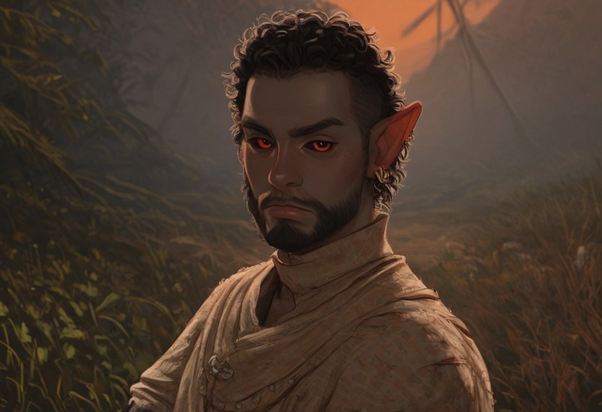 solo, short pointy ears, full body, piercings, random elf face, aquiline features, male dark elf, masculine, facial hair, brow rings, beaded piercings, weathered skin, blue-grey skin, chiseled features, large nose, insect chitin armor, insect chitin helmet, insect chitin ornaments, stylized insect pattern, athletic build,  animated realism, zoomed out, Syrian features, torso, yurts, tents, native camp, elegant berber tapestries, dead desert trees, ash dunes, distant volcano, ashy soil, grey green foliage, distant grey hills, sunrise, gloomy lighting, grey fabric awnings, dark wood posts, light dust clouds, grey-blue skin, grey skin, mahogany and ivory clothes, medium armor, bone plate armor, ivory straps and fittings, alien bone ornaments, grey wood neckguard, dark red sclera, black pupils, blue-green light, neon, highly detailed, defined features, looking at viewer, three quarters view, from side, dynamic lighting, 29 years old, light and shadows, patterned cloth, annoyed expression, expressive eyes, detailed medieval clothes, short hair, wavy hair, thick hair, beaded hair, braided hair, under cut hair, semirealistic, alien elf, spanish features, jewish features, black hair, dark red hair, umber skin, sharp features, pastel green inuit print cloak, nighttime, high detail, absurdres, pretty eyes, detailed eyes, red eyes,