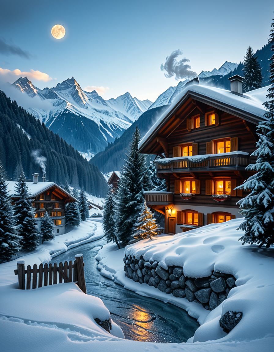A stunning winter scene in the Tyrol region of Austria. A charming wooden chalet with traditional alpine architecture stands on a gentle snow-covered slope, surrounded by dense evergreen forests blanketed in fresh snow. The chaletâs warm interior lights glow softly through its large windows, creating a cozy contrast against the cool twilight hues of the sky. A plume of smoke drifts from the chimney, hinting at a roaring fireplace inside. In the foreground, a small wooden fence is partially buried under the snow, while a frozen river winds through the valley, reflecting the moonlight. Towering, snow-capped peaks of the Austrian Alps dominate the background, adding a breathtaking sense of grandeur. Snowflakes gently fall, adding movement and depth to the peaceful, picturesque scene. The image is hyper-realistic, capturing the intricate textures of the wood, snow, and ice, with cinematic lighting that highlights the magical winter ambiance.
<lora:SDXLFaeTastic2400:0.4> <lora:extremely_detailed:0.4> extremely detailed,<lora:winter_scene_in_the_Tyr0l:1>,winter scene in the Tyr0l, Masterpiece,best quality,hi res,8k,hi res,8k,award winning,(sharp focus, intricate, highly detailed),