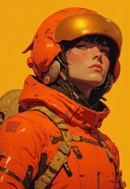A highly detailed digital illustration in a futuristic, sci-fi style, featuring a close-up of a woman wearing an avant-garde metallic orange spacesuit with intricate, high-tech designs. The suit is sleek and glossy, its bold orange color dominating the composition while reflecting a subtle gold tint that adds depth and radiance. The design is avant-garde, with exaggerated, asymmetrical contours and sharp geometric patterns seamlessly integrated into the suit, showcasing a blend of functionality and futuristic fashion. Her helmet, an innovative masterpiece, features a large, transparent visor with a faint golden sheen that partially reveals her almond-shaped eyes, accentuated with minimalist makeup, and her softly pink lips. Her pale, smooth complexion has a gentle blush that contrasts beautifully with the warm hues of the suit and the surrounding environment. The background is a vibrant yellow, creating a striking contrast with the orange spacesuit, while a delicate gold tint permeates the entire frame, casting an ethereal glow that enhances the reflective textures of the suit. This composition masterfully combines cutting-edge design with bold, vivid color harmonies, capturing a serene yet powerful moment of futuristic elegance and artistic innovation.
