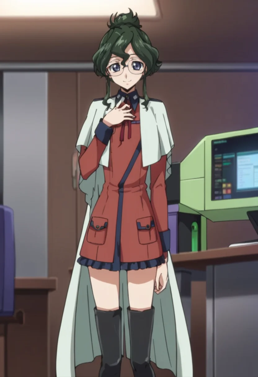 score_9,score_8_up,score_7_up,anime coloring BREAK source_anime,anime,<lora:Nina_Einstein_Code_Geass:0.8>,ninar2,1girl,solo,blue eyes,green hair,hair bun,glasses,uniform,cape,thigh boots,black footwear,standing,hand on chest,indoors,Computer Lab,smile,looking at viewer,cowboy shot,