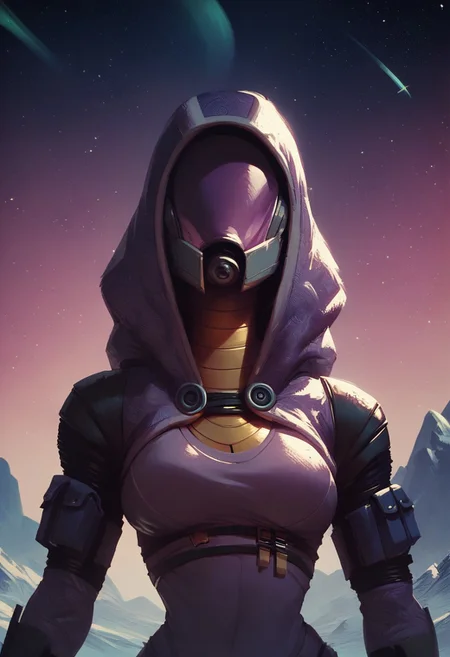 score_9, score_8_up, score_7_up, score_6_up,
1girl, HD, solo, tali, (tali'zorah), helmet, no face,
front view, waist up, salute,
space background, mountain, stars, aurora