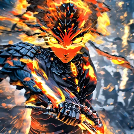 action shot. she was a black woman with intense eyes and a firey passion showing in her swordsmanship. As she stepped into the bar, sword held high, everyone could see her charging up her power attack.