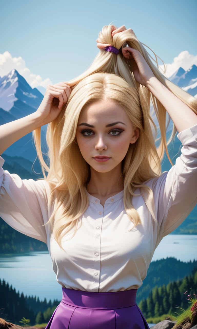score_9, score_8_up, score_7_up, score_6_up, (front view)+++ , slim girl at a mountain lake , holds hair , mkpotail , purple short skirt and white blouse   , long blonde hair    <lora:MakePonytailPony-000005:1>