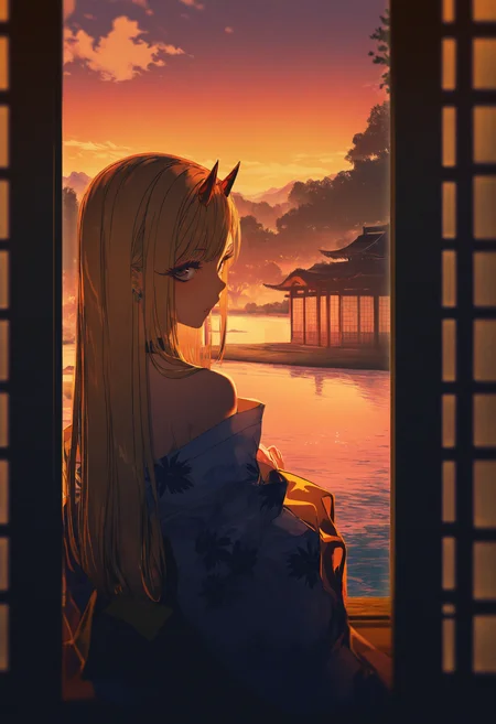 artist:[yoneyama mai|diyokama|say hana|miv4t],
1girl, kitagawa marin, kimono, looking at viewer, looking back, from behind, sitting, off shoulder, close-up,
long eyelashes, oni horns, blonde hair, long hair,
scenery, no humans, misty lake, tree, sunset, clouds, east asian architecture, shouji, from inside, window, pov,
dappled sunlight, dark,
masterpiece, best quality, very awa, absurdres
<lora:noobai_vpred_1_aesthetic_quality_modifiers_complete_v2:1>
