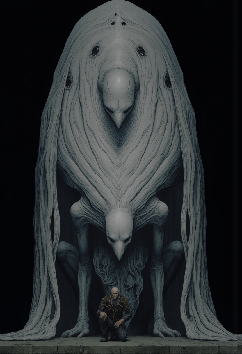 closeup of a man kneeling in front of a Monster Boss resembling an ethereal three-eyed raven
Set against a solid dark black color background to emphasize its unsettling unnatural form that emphasizes its silhouette. The medium is not a traditional painting or illustrative medium like watercolor or ink but rather a digital 3D rendering.
MikeFranchinastyle, d4artstyle, d4concept, , bbstyle,, horror theme,, zbrush, ZBClay model of a gray sculpture, 1990's, 1990's style