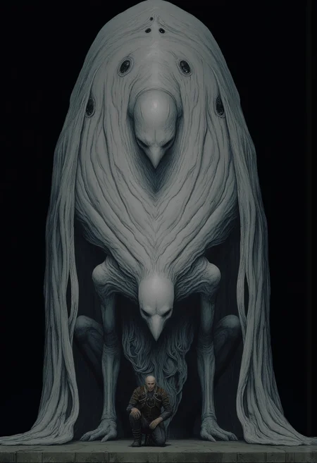 closeup of a man kneeling in front of a Monster Boss resembling an ethereal three-eyed raven
Set against a solid dark black color background to emphasize its unsettling unnatural form that emphasizes its silhouette. The medium is not a traditional painting or illustrative medium like watercolor or ink but rather a digital 3D rendering.
MikeFranchinastyle, d4artstyle, d4concept, , bbstyle,, horror theme,, zbrush, ZBClay model of a gray sculpture, 1990's, 1990's style