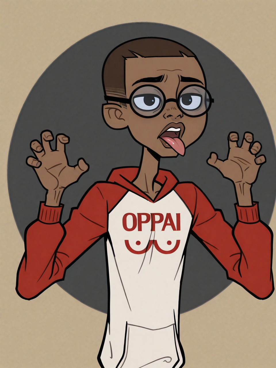 CameronTDROTI, 1boy,solo, dark skinned male, slim, skinny, brown hair shaved in a crewcut, black eyes, black round frame glasses,oppai hoodie, hoodie, raglan sleeves, clothes writing, lips, big lips,claw pose,upper body,stick out tongue,<lora:Cameron:0.8>,<lora:Oppai Hoodie:1.0>