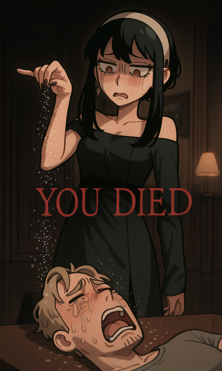 embedding:IllusP0s, you died, defeat, text, wwafr, sprinkling salt, yor briar, embarrassed, 1girl, 1boy, twilight_\(spy x family\), open mouth, crying, contrast lighting, indoors, dark room, standing, laying,<lora:sprinkling salt_illustrious.safetensors:1.0:1.0> <lora:wwafr-10.safetensors:1:1> <lora:you died_illustrious.safetensors:1:1>