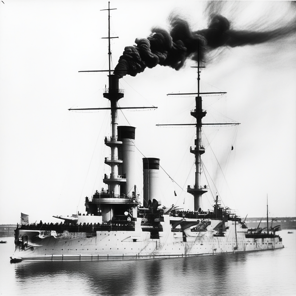 whith white smokestacks with a dark detail on top. Black and White photograph. The ship is viewed from a 3/4 perspective, black and white photograph. NEarly broadside photograph. The bow points to the left., sailing to the viewer with the bow to the left., Battleship Oslyabya at bay, sailing to the viewer with the bow slightly to the left. smoke is visible from the smokestacks, ship, whith white superstructure, ocean, Sailors on deck, scenery, military, sailing to the viewer with the bow slightly to the left., battleship gangut sailing at sea