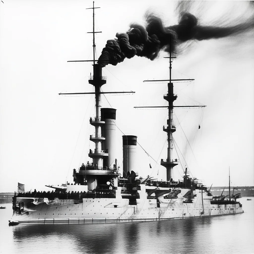 whith white smokestacks with a dark detail on top. Black and White photograph. The ship is viewed from a 3/4 perspective, black and white photograph. NEarly broadside photograph. The bow points to the left., sailing to the viewer with the bow to the left., Battleship Oslyabya at bay, sailing to the viewer with the bow slightly to the left. smoke is visible from the smokestacks, ship, whith white superstructure, ocean, Sailors on deck, scenery, military, sailing to the viewer with the bow slightly to the left., battleship gangut sailing at sea