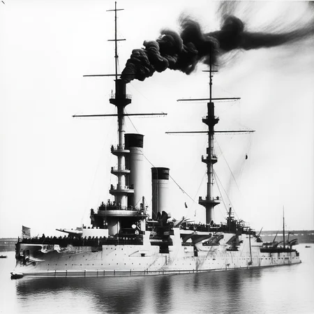whith white smokestacks with a dark detail on top. Black and White photograph. The ship is viewed from a 3/4 perspective, black and white photograph. NEarly broadside photograph. The bow points to the left., sailing to the viewer with the bow to the left., Battleship Oslyabya at bay, sailing to the viewer with the bow slightly to the left. smoke is visible from the smokestacks, ship, whith white superstructure, ocean, Sailors on deck, scenery, military, sailing to the viewer with the bow slightly to the left., battleship gangut sailing at sea
