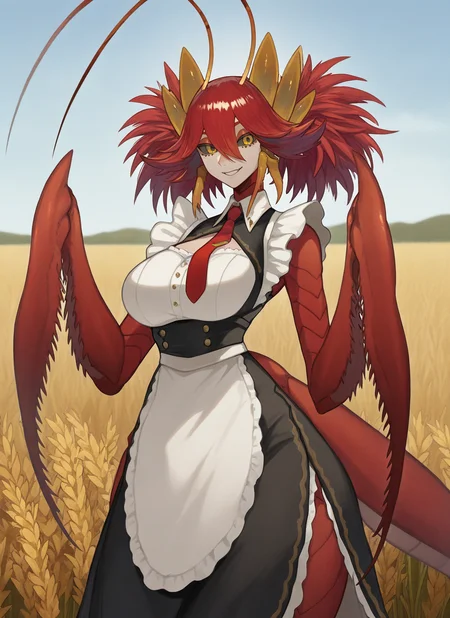 artist:, masterpiece, best quality, newest, very awa, absurdres, highres, mnts, 1girl, smile, red skin, red carapace, High Pigtails with Colored  Ties hair, red hair, black schelra, gentle smile, clothed, maid outfit, wheat field, nature, detailed, <lora:SDXL\Illustrous\Concept\Mantis_girl_concept:1.0>