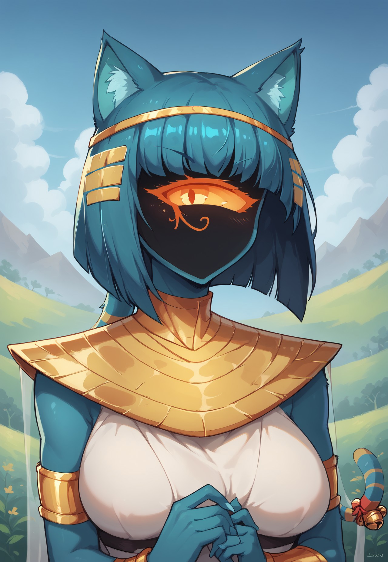 score_9,score_8_up,score_7_up, ultra quality, 1girl, Nyanlathotep, anthro, feline, bobcut, blue skin, blue hair, single eye, shadowed face, mouthless, animal ears, tail on head, cat tail, jingle bells, usekh collar, bracelet, egyptian clothes, striped, upper body, looking at viewer, green lush background, sky