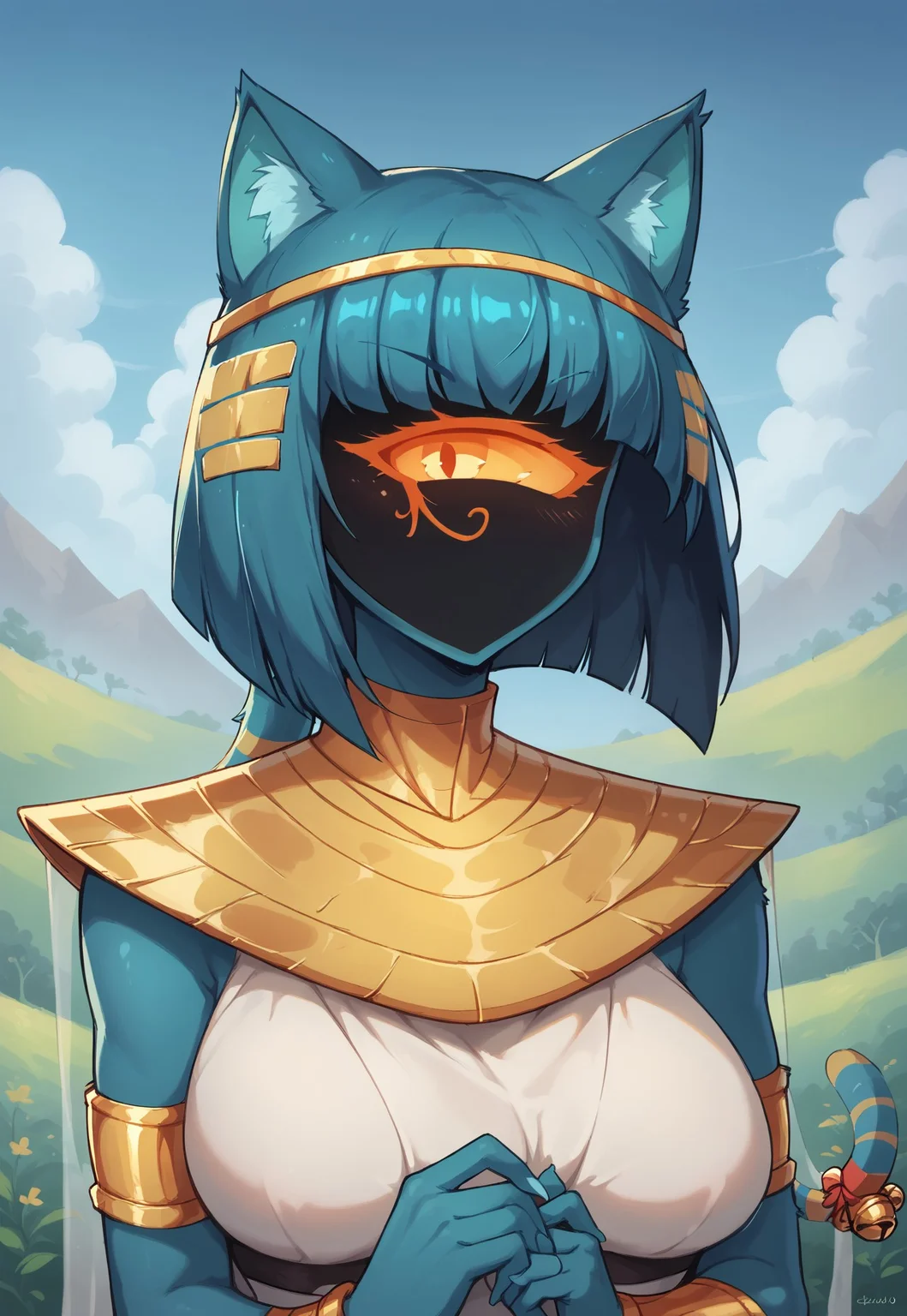 score_9,score_8_up,score_7_up, ultra quality, 1girl, Nyanlathotep, anthro, feline, bobcut, blue skin, blue hair, single eye, shadowed face, mouthless, animal ears, tail on head, cat tail, jingle bells, usekh collar, bracelet, egyptian clothes, striped, upper body, looking at viewer, green lush background, sky