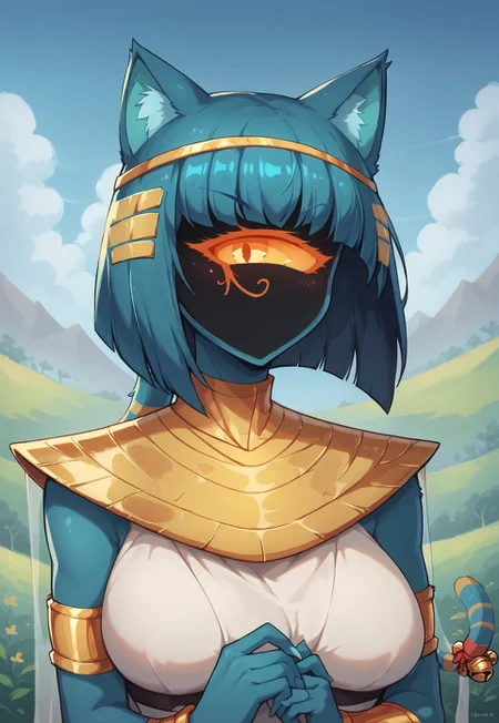 score_9,score_8_up,score_7_up, ultra quality, 1girl, Nyanlathotep, anthro, feline, bobcut, blue skin, blue hair, single eye, shadowed face, mouthless, animal ears, tail on head, cat tail, jingle bells, usekh collar, bracelet, egyptian clothes, striped, upper body, looking at viewer, green lush background, sky