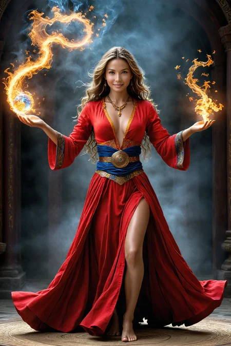 by Ben Goossens and Peter Lik, magical sorcery godess, hkmagic <lora:fantasy_wizard:0.35> <lora:more_art:0.30> <lora:RMSDXL_Enhance:0.45> <lora:RMSDXL_Creative:0.45> <lora:RMSDXL_Photo:0.45> <lora:RMSDXL_Darkness_Cinema:0.45> <lora:clothing_slider:2.00> <lora:great_lighting:1.00> <lora:aesthetic:1.00> <lora:looking_at_viewer:1.00> <lora:photorealistic_portrait_v2:0.25> <lora:attractive_v2:0.10> <lora:extremely_detailed_v2:0.25> <lora:XDetail_heavy:0.45> <lora:add_detail:0.75> <lora:perfect_eyes:0.25> <lora:perfect_hands:0.50> <lora:midjourney:-0.15>