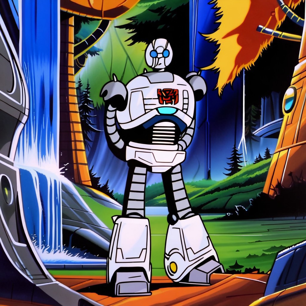 Roz(character), robot, female, Full body, arms behind back woods, waterfall, trees, in the forest, Solo, Transformers, animation, ,<lora:Transformers 86 FT:1>