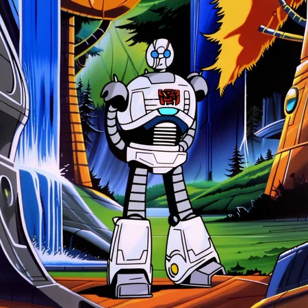 Roz(character), robot, female, Full body, arms behind back woods, waterfall, trees, in the forest, Solo, Transformers, animation, ,<lora:Transformers 86 FT:1>