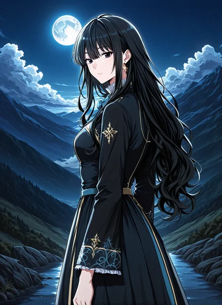<lora:Kathyln_Glayder__The_Beginning_After_the_End__Illustrious-000009:1>
1 girl, solo, black eyes, brwon eyes, very long hair, black hair, bangs, wavy hair, ahoge, hair between eyes,
black dress, long dress, blue bowtie, black thighhighs, long sleeves, frills, earrings, jewelry, star earrings,
score_9, score_8_up, score_7_up, source anime, BREAK, cowboy shot, (from side), looking back, looking at viewer, overlooking mountain, high altitude, scenery, exterior, background, looking at viewer, night, blue moon, <lora:iLLMythG0thicL1nes:1>