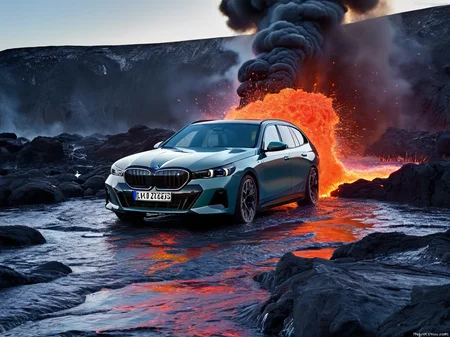 <lora:i5 touring:0.75>,
BMW i5 touring,
A Futuristic car in a lava pool,lava,lava Splash,smoke,melting,splashes,explosion,exploding,hyperdetailed,, masterpiece, best quality,