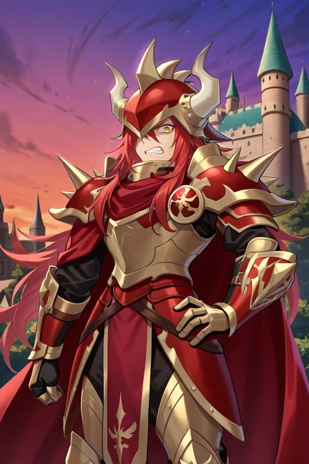 <lora:GulcasaIL:0.8> , guldef, (1boy), red hair, long hair, hair between eyes, yellow eyes, armor, full armor, spikes, shoulder armor, one eye covered, horned helmet, spiked helmet, horned headwear, shoulder spikes, cape, red cape, pauldrons, gauntlets, greaves, cowboy shot, one hand on hip, angry, looking at viewer, evening, castle, terrace, solo, masterpiece, very aesthetic, absurdres, best quality, amazing quality, high resolution, detailed background,  <lora:illustrious_quality_modifiers_masterpieces_v1:0.8> , <lora:ChamIllustriousBackgroundEnhancer:0.5>