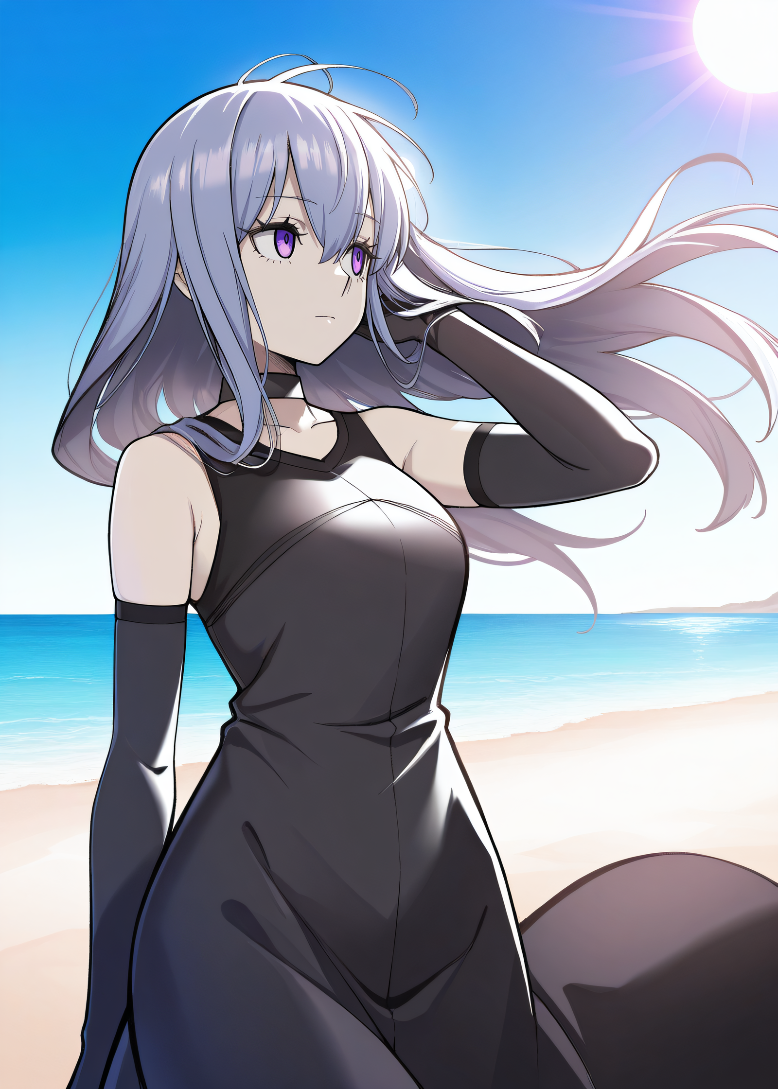 masterpiece, best quality, highres, newest, scenary, 1girl, solo, official style, <lora:Close:1>, liberatorclose, black choker, black sleeveless dress, black elbow gloves, expressionless, looking away, hand on hair, cowboy shot, beach background, ocean behind, sun, floating hair