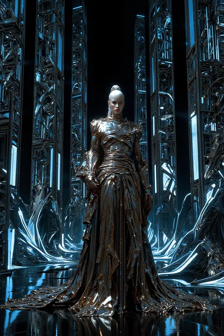 A striking woman stands amidst surreal floating platforms designed as thin, glowing electric-blue rectangles, suspended in midair without visible support. Each platform appears weightless, hovering in a staggered, ascending sequence that cuts through the black void of the space. She is a pale-skinned woman with long, straight platinum blonde hair styled in a sleek, high ponytail, her eyes gleaming with an intense focus. Her body is tall and statuesque, with long, graceful legs and a perfectly defined silhouette. She wears a Met Gala-inspired gown, exaggeratedly oversized and featuring avant-garde sculptural folds, with asymmetrical layers cascading from a structured metallic silver bodice. The gown shimmers in the electric blue light, and its exaggerated train trails dramatically down the floating platforms, adding to the surreal, gravity-defying atmosphere. Her pose is bold and dynamic: her torso tilts slightly forward, one arm extended outward with fingers delicately spread as if balancing in midair, while the other hand rests confidently on her hip. Her weight shifts onto her left leg, which is slightly bent, accentuating her powerful yet graceful form. The background consists of black walls and floors, adorned with intricate white linear patterns forming angular, flowing shapes that create a 3D optical illusion of movement and depth, enhancing the surreal and otherworldly ambiance. High quality rendering. 8K.