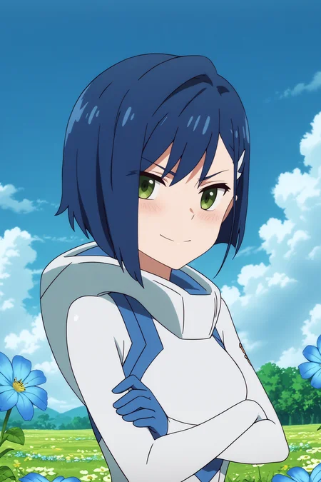 ichigo,1girl,solo,short hair,bodysuit,pilot suit,white_bodysuit,gloves,,hair ornament,hairclip,looking at viewer,smirk,crossed arms,from_side,close-up BREAK outdoors,blue sky,cloudy_sky,blue flower,tree with blue flowers,flower field <lora:Ichigo_-_Darling_in_the_franxx.safetensors:0.8> <lora:detailed_backgrounds_v2.safetensors:0.5>