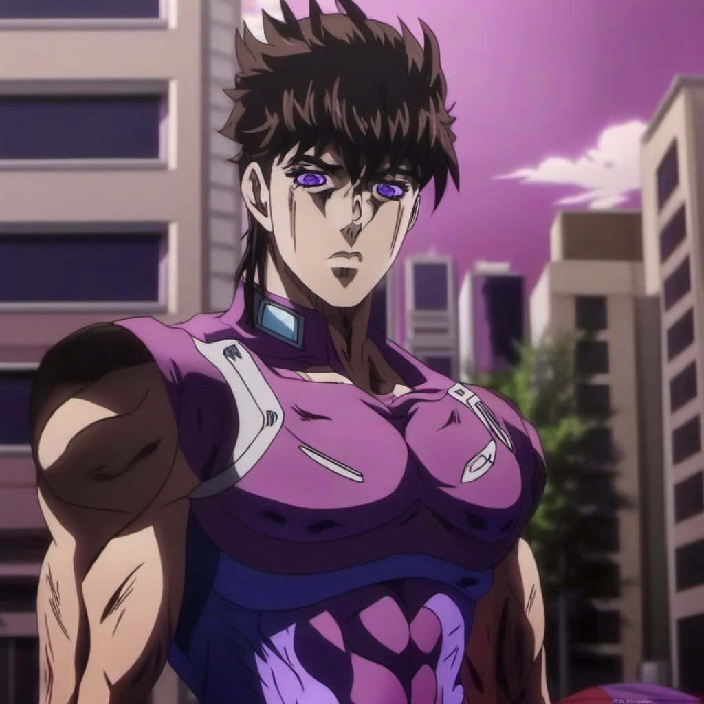 boy in blue shirt, dark brown straight hair, makeup, in the middle of a futuristic city, half body, muscular, anime screenshot, dynamic angle, parody, purple eyes, ohwx style, <lora:jojoART-000009:1>