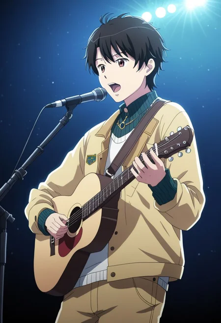 high resolution, solo, best quality, 1Boy, Inaho Kaizuka, Black Hair, Brown Eyes, singing, potrait, dept of field, virtual concert, playing musical instrument, necklace, bracelet, sneakers, OverallDetail