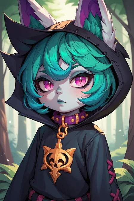 score_9, score_8_up, score_7_up, score_6_up, score_5_up, score_4_up, VexLoLXL, yordle, shortstack, pink eyes, green hair, bangs, short hair, grey skin, colored skin, black hood, hood up, ears through headwear, white animal ears, black shirt, purple collar, golden ornament, long sleeves, sleeves past wrists, (portrai shot, upper body), looking at viewer, forest, tree <lora:VexLoLXL:0.7>