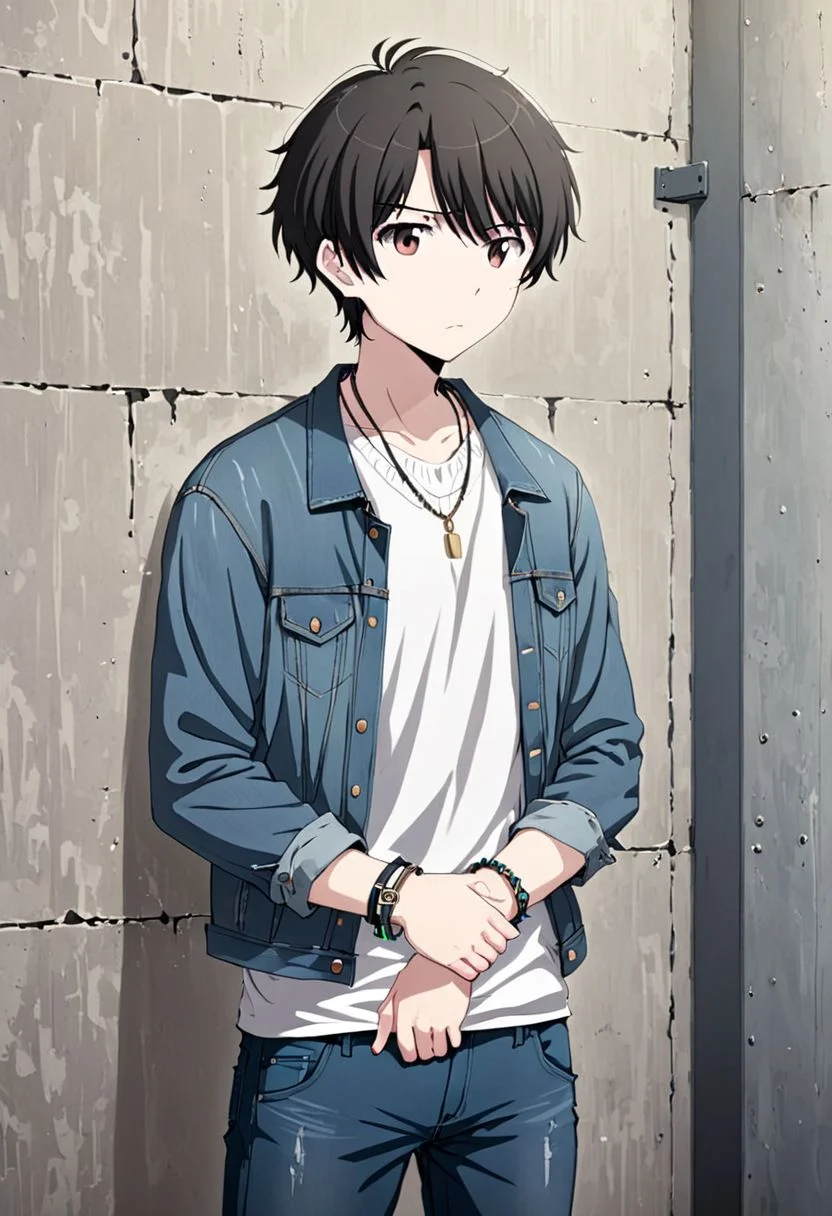 high resolution, solo, best quality, 1Boy, Inaho Kaizuka, Black hair, Brown Eyes, Jeans, denim jacket, Necklace, bracelet, watch, standing against wall, bangs, waiting, confident, annoyed, OverallDetail