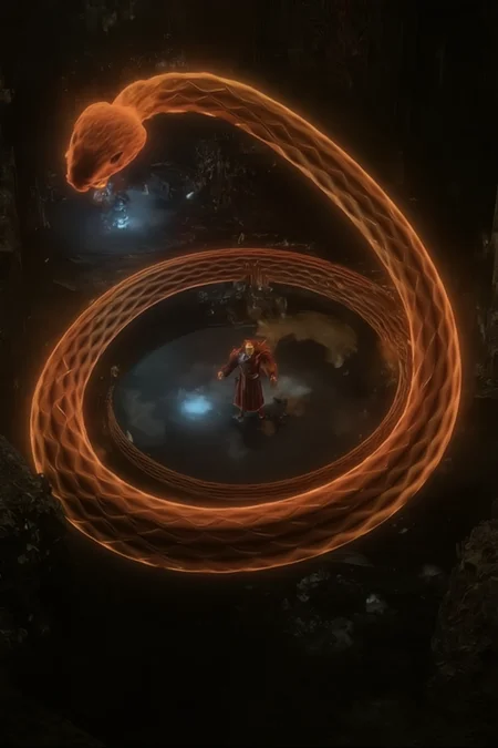 Flaming coiling snake, fire, dark fantasy, Diablo IV, Inferno spell, magic, glowing, sorcerer, scales, large snake, neutral background, dark background, A digital illustration shoot from a bird's eye view about a glowing snake winding around a small, glowing orb in a dark, dimly lit environment. the image also shows a glowing orb with a figure in the center, surrounded by smaller figures. on the center of the image, a snake appears to be in motion, with its head turned towards the viewer. the snake's body is intricately detailed with a textured pattern, and its tail is curled around the orb. in the background, there is a small figure of a person standing on a rock, with their arms outstretched, looking up at the snake. the figure is wearing a long, flowing robe and has a serious expression on their face. the background is filled with dark, smoky tones, and the atmosphere is dramatic with a focus on the snake and the figure.