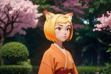 (masterpiece, best quality:1.2), highres, best illustration, 8k wallpaper, (Traditional Media), (2d:1.2), wide shot, (dynamic angle:1.1), , outline, ((thick lineart)), cover, stylish, official art, (details:1.2), (fantasy), garden, (bloom:1.1), glow:0.2, shadow, nature, cherry blossoms, particles, (depth of field), sharp focus, (volumetric lighting), (bokeh:0.6), film grain:0.4, day, (soft lighting:1.1), Youukkoo, looking at viewer, short hair, blonde hair,  orange eyes, fox ears, orange kimono,  looking at viewer  <lora:Sengoku_Youko_00_01:1>
