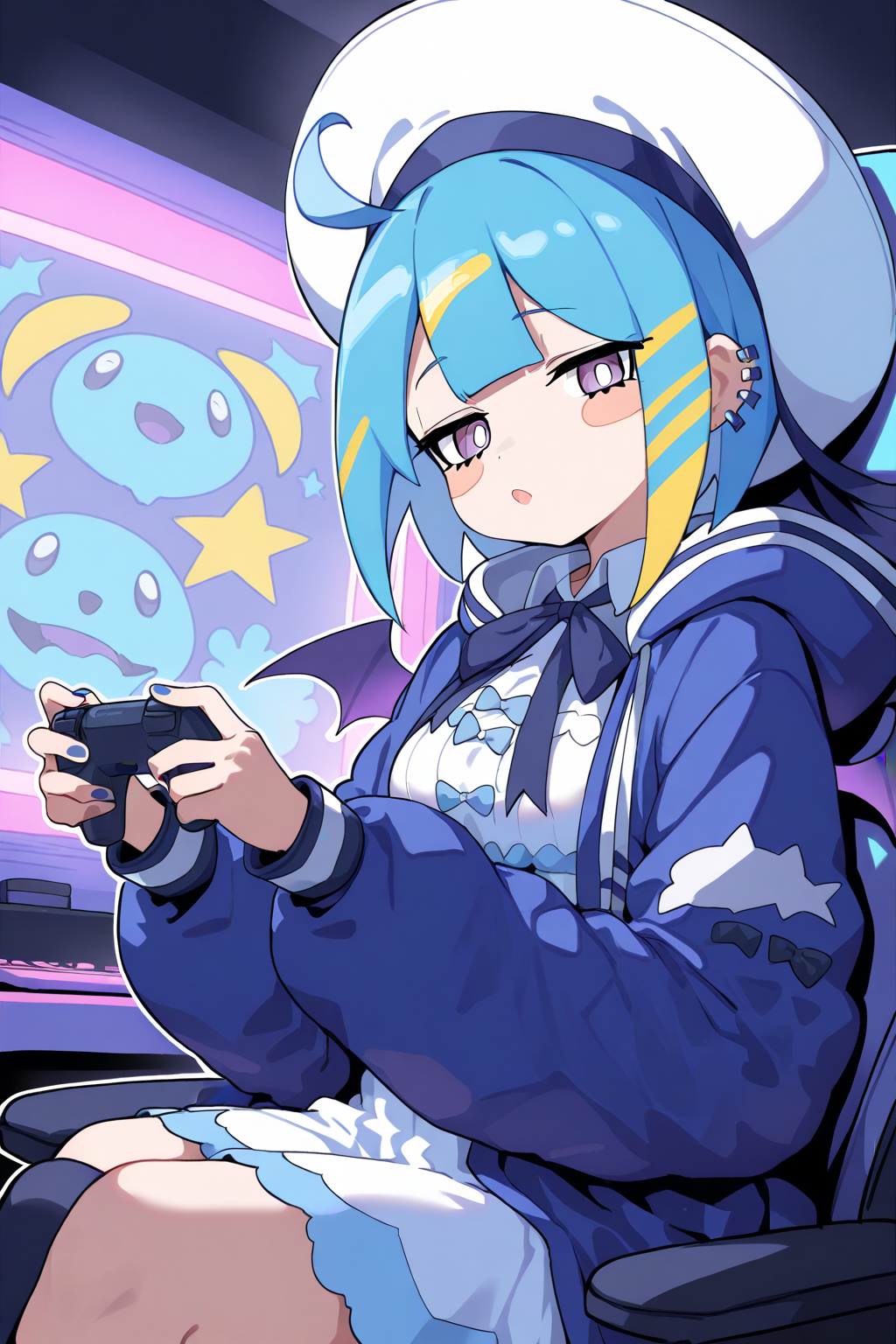 masterpiece, high score, great score, absurdres,
1girl, solo, upper body,
live twin lil-la, live twin lil-la 1st costume,
a charismatic young female game streamer with a playful pop vibe, streaming live with a colorful gaming setup, she holding game controller, sitting gaming chair, dark room and vibrant neon lights and dynamic background, anime style, highly detailed digital illustration, high resolution, energetic and fun atmosphere, depth of field.
short hair,
blue hair, multicolored hair, streaked hair, blonde hair,
gradient hair,
blunt bangs,
sailor hat, hat ribbon, blue ribbon,
blush stickers,
multiple earrings, earclip,
sidelocks,
ahoge,
mini wings, purple wings,
blue jacket, hooded jacket,
long sleeves, puffy sleeves,
collared dress, white dress, neck ribbon, breasts,
<lora:kp_LiveTwinLil-laAnimagineXL_v1:1.0>