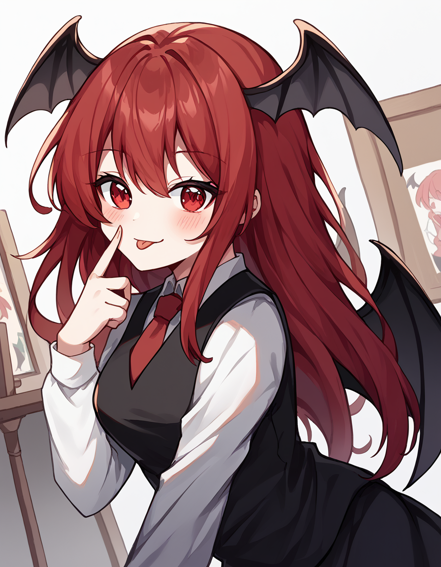 score_9, score_8_up, score_7_up, source_anime, <lora:koakuma-ponyxl-lora-nochekaiser:1>, koakuma, red eyes, red hair, long hair, sidelocks, medium breasts,, bat wings, black dress, black pantyhose, black skirt, black vest, dress, head wings, long sleeves, multiple wings, necktie, pantyhose, red necktie, shirt, skirt, vest, white shirt, wings,, museum, art exhibit, paintings, observing, quiet contemplation, cultural experience, smile, <lora:akanbe-ponyxl-lora-nochekaiser:1>, akanbe, eyelid pull, finger to eye, tongue out, :p, tongue, ;p, blush, leaning forward, bent over, from side,, looking at viewer, solo,, dutch angle, cowboy shot