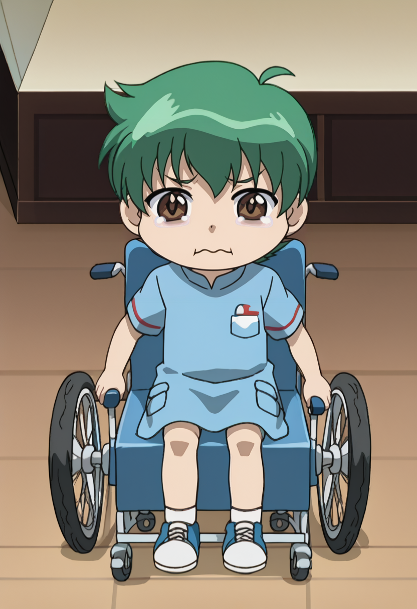 source_anime,anime screencap, anime coloring,intricate details,rating_safe, masterpiece, best quality,
(best quality, absurd res, ultra detailed),,(4 finger:0.5),1girl, ((solo)), good eyes,perfect eyes,,detailed eyes, zPDXLxxx , zPDXL3, ,detailed, detailed face
BREAK
solo,indoors,sitting, full body, chibi,
kenta, 1boy, child, male child, brown eyes, green hair, 
, <lora:add-detail-xl:2>   <lora:Kenta_Yumiya:0.8> <lora:Wheelchair_XLPD:1> wheelchair, sitting ,<lora:hospital-gown-ponyxl-lora-nochekaiser:0.8> hospital gown,  <lora:concept_aquacrying_ponyXL:1> aquacrying, wavy mouth, closed mouth, tearing up