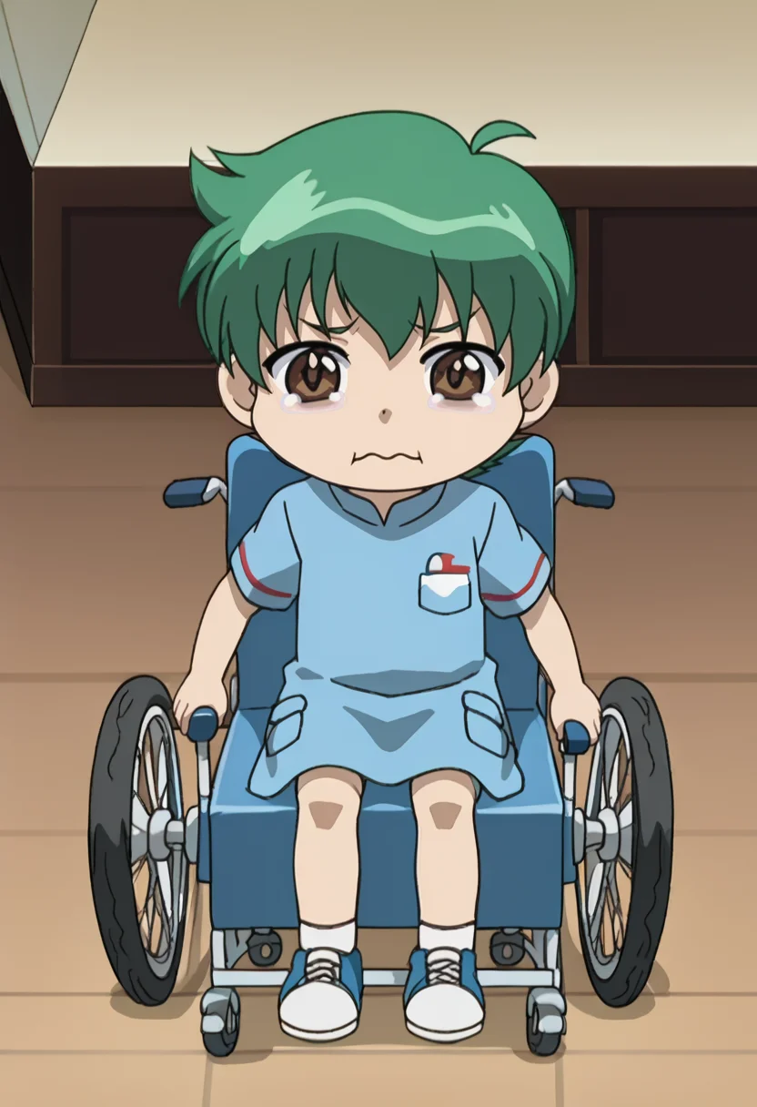 source_anime,anime screencap, anime coloring,intricate details,rating_safe, masterpiece, best quality,
(best quality, absurd res, ultra detailed),,(4 finger:0.5),1girl, ((solo)), good eyes,perfect eyes,,detailed eyes, zPDXLxxx , zPDXL3, ,detailed, detailed face
BREAK
solo,indoors,sitting, full body, chibi,
kenta, 1boy, child, male child, brown eyes, green hair,
, <lora:add-detail-xl:2> <lora:Kenta_Yumiya:0.8> <lora:Wheelchair_XLPD:1> wheelchair, sitting ,<lora:hospital-gown-ponyxl-lora-nochekaiser:0.8> hospital gown, <lora:concept_aquacrying_ponyXL:1> aquacrying, wavy mouth, closed mouth, tearing up