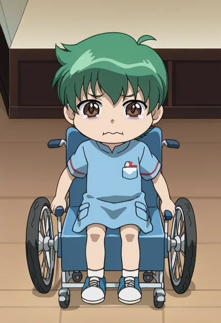 source_anime,anime screencap, anime coloring,intricate details,rating_safe, masterpiece, best quality,
(best quality, absurd res, ultra detailed),,(4 finger:0.5),1girl, ((solo)), good eyes,perfect eyes,,detailed eyes, zPDXLxxx , zPDXL3, ,detailed, detailed face
BREAK
solo,indoors,sitting, full body, chibi,
kenta, 1boy, child, male child, brown eyes, green hair,
, <lora:add-detail-xl:2> <lora:Kenta_Yumiya:0.8> <lora:Wheelchair_XLPD:1> wheelchair, sitting ,<lora:hospital-gown-ponyxl-lora-nochekaiser:0.8> hospital gown, <lora:concept_aquacrying_ponyXL:1> aquacrying, wavy mouth, closed mouth, tearing up