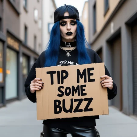 buzz, a fashion streetwear elitist goth girl model holding a cardboard sign that reads "tip me some buzz"<lora:buzz-text:.8>