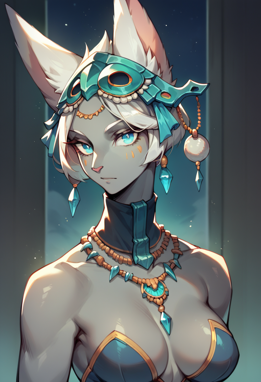 score_9, score_8_up, score_7_up, <lora:mineruXL:0.9>, 1girl, solo, jewelry, animal ears, looking at viewer, mask, necklace, breasts, upper body, grey skin, short hair, earrings, night, night sky, blue eyes