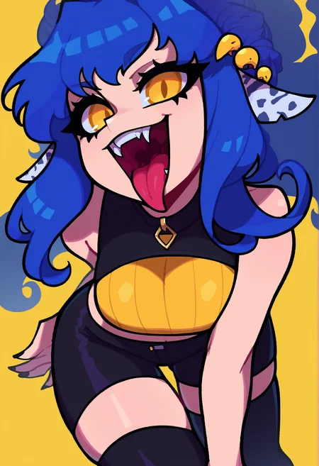 score_9, score_8_up, score_7_up, score_6_up, score_5_up, score_4_up,1girl,blue hair,yellow eyes,solo,crop top,black shorts,cleavage,yellow background,thighhighs,thighs,smile,:d,upper teeth,open mouth,tongue,fangs,simple background,breasts,large breasts,long hair,looking at viewer, black nails, <lora:muds-000007:1>